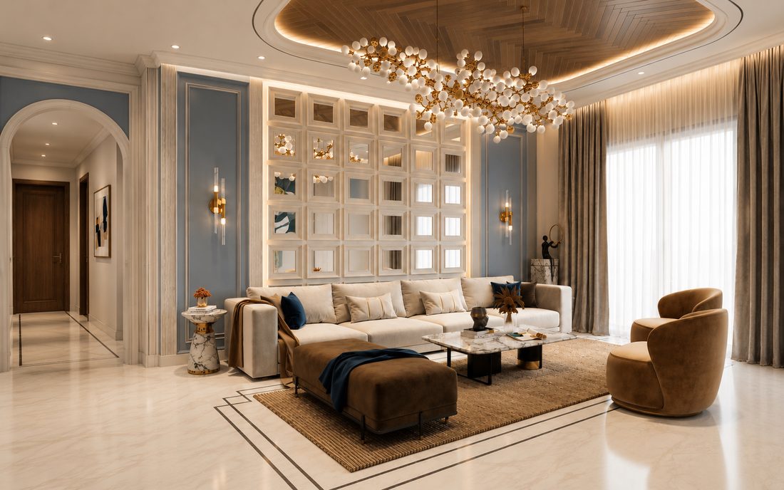 False ceiling, chandelier and lighting design by Metaspaces